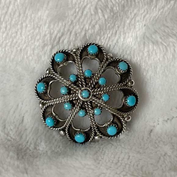 Vintage Zuni Native American 925 Silver Turquoise Pendant Brooch Necklace - Picture 2 of 6